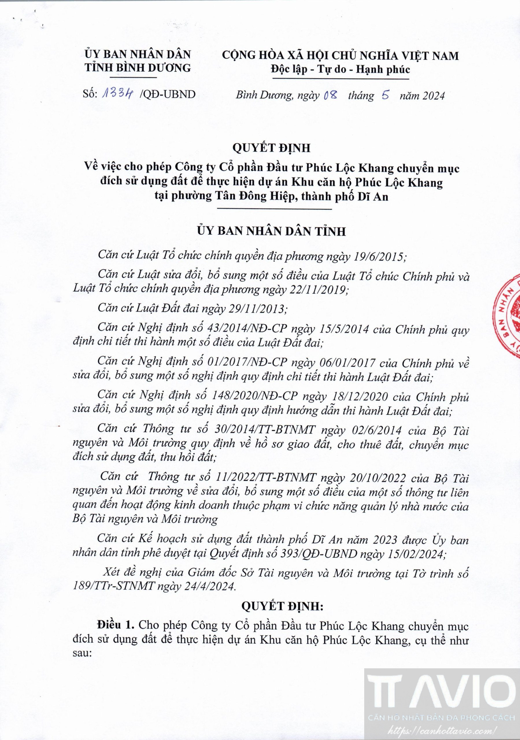 Quyết định 1334 – Cho Phép Chuyển Mục đích Sử Dụng đất để Thực Hiện Dự án Tt Avio Trang 01