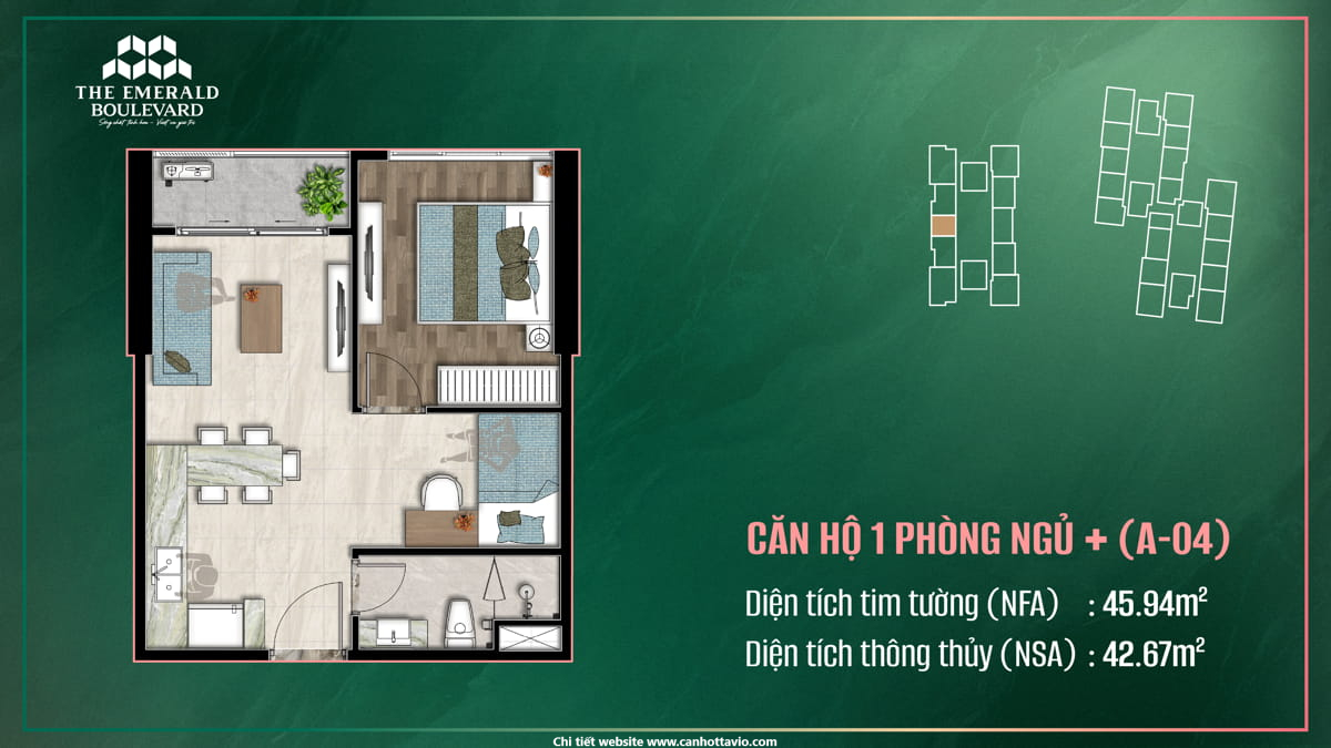 Thiết Kế Căn Hộ 1PN Plus A-04 The Emerald Boulevard
