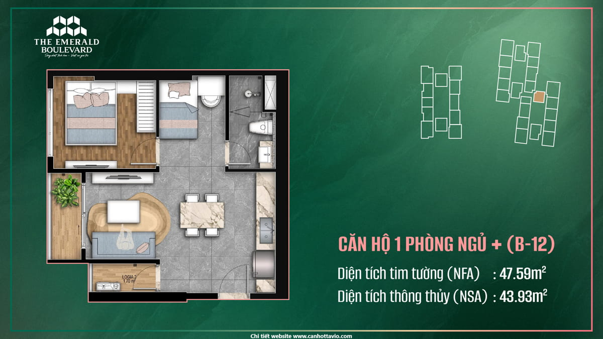 Thiết Kế Căn Hộ 1PN Plus B-12 The Emerald Boulevard