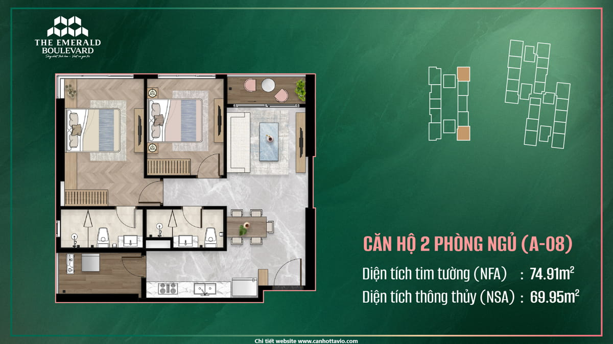Thiết Kế Căn Hộ 2PN A-08 The Emerald Boulevard