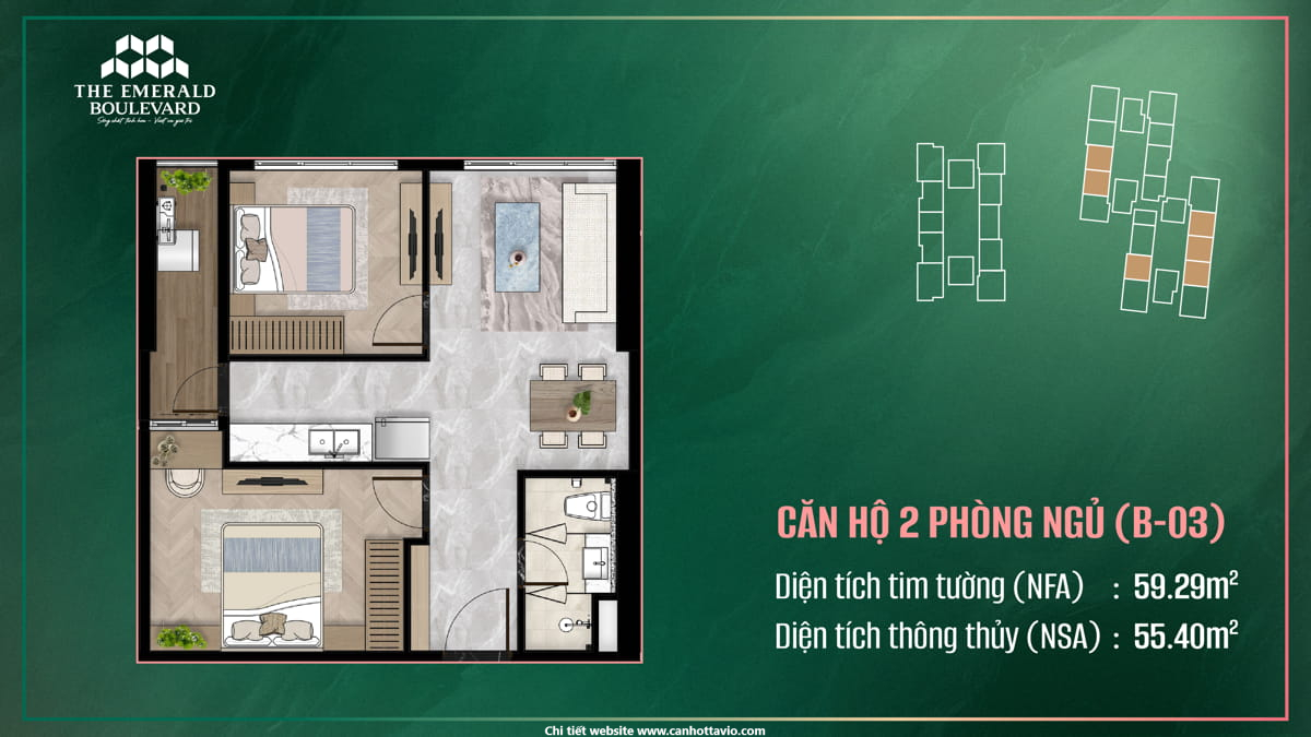 Thiết Kế Căn Hộ 2PN B-03 The Emerald Boulevard
