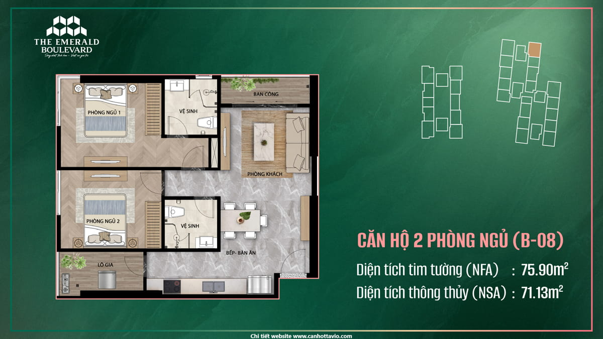 Thiết Kế Căn Hộ 2PN B-08 The Emerald Boulevard